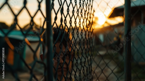 A child peers through a chain-link fence as the sun sets, casting warm light on a scene of curiosity and longing.
