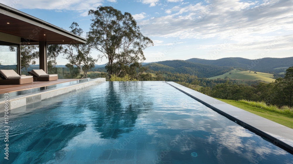 Fototapeta premium Luxurious infinity swimming pool with stunning hilltop views in a serene natural setting.