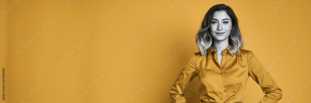 Confident young woman with bold expression, hands on hips, posed against a vivid yellow background symbolizing empowerment and modern lifestyle. Confident young woman with bold expression, hands on hips, posed against a vivid yellow background symbolizing empowerment and modern lifestyle.