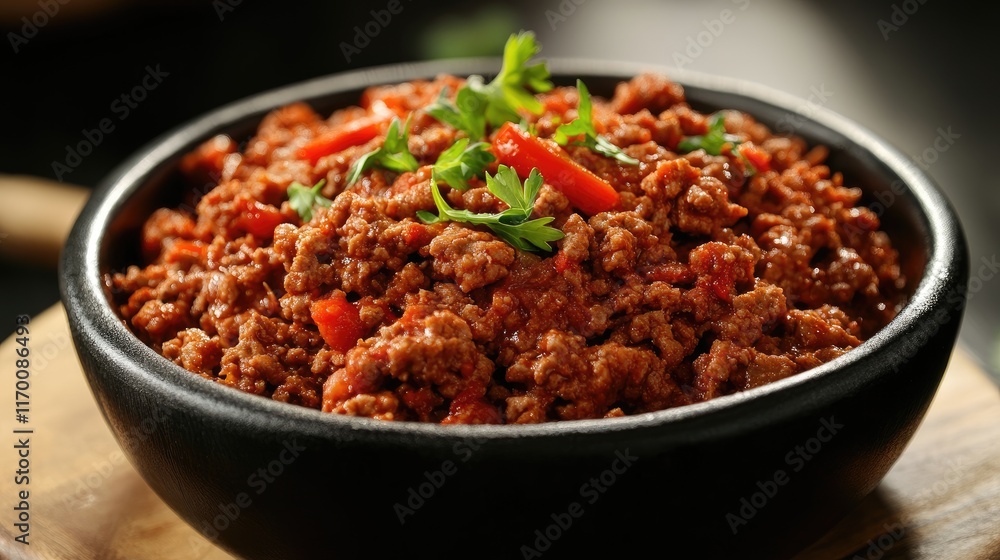 Freshly cooked meat mince garnished with herbs and spices in a black bowl on a wooden surface, perfect for culinary presentations and recipes. Freshly cooked meat mince garnished with herbs and spices in a black bowl on a wooden surface, perfect for culinary presentations and recipes.