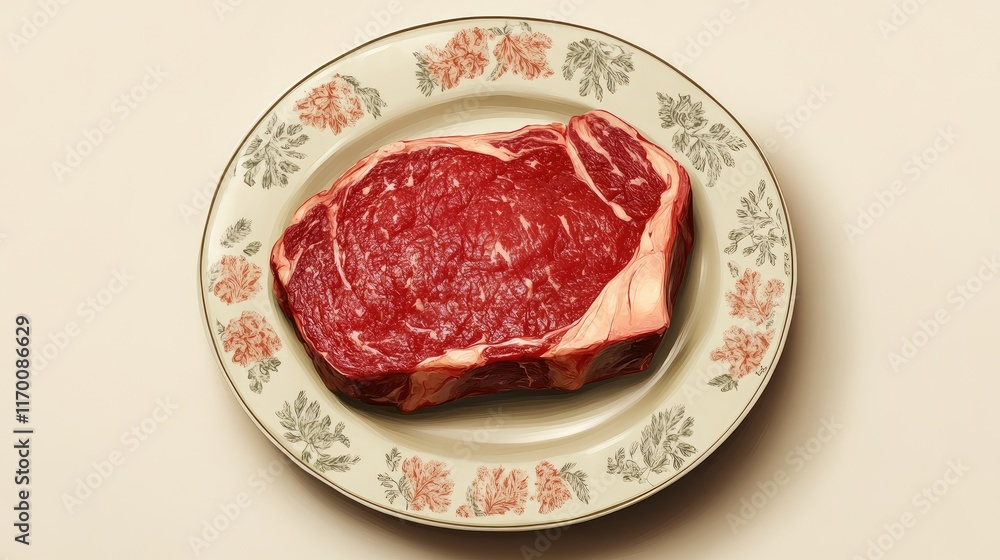 Obraz premium Raw beef steak on a vintage plate showcasing marbling and texture ideal for culinary presentations and gourmet cooking concepts.