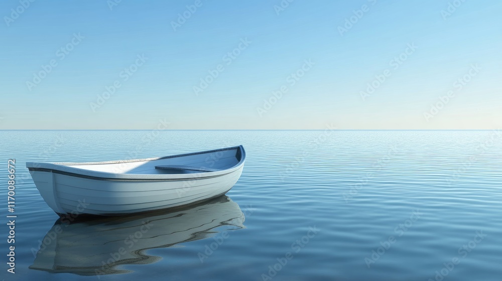 Naklejka premium Serene landscape featuring a small boat on a tranquil sea under clear skies with plenty of space for text and design elements