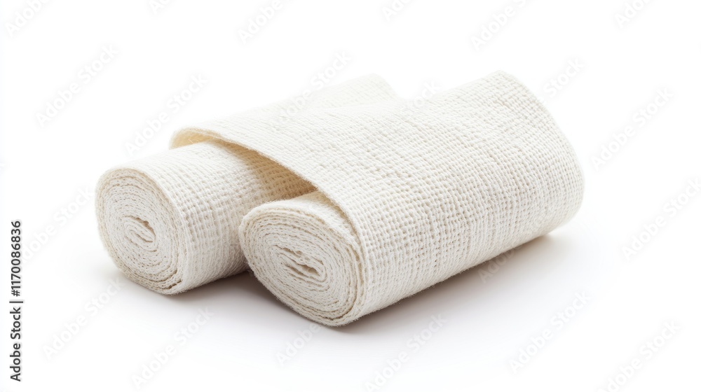Cotton medical bandages neatly folded and isolated on a clean white background for first aid and healthcare applications Cotton medical bandages neatly folded and isolated on a clean white background for first aid and healthcare applications