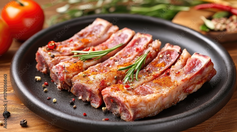 Juicy meat slices seasoned with spices on a black plate garnished with fresh herbs and spices showcasing appetizing culinary presentation Juicy meat slices seasoned with spices on a black plate garnished with fresh herbs and spices showcasing appetizing culinary presentation