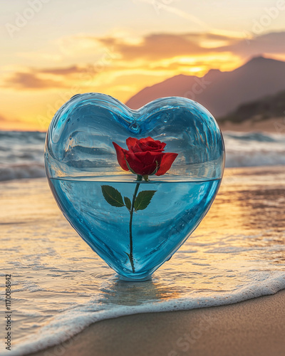 a glowing blue heart-shaped glass structure filled with water, holding a single vibrant red rose, placed on a serene beach during sunset. The waves and warm pink hues of the horizon create a tranquil 
