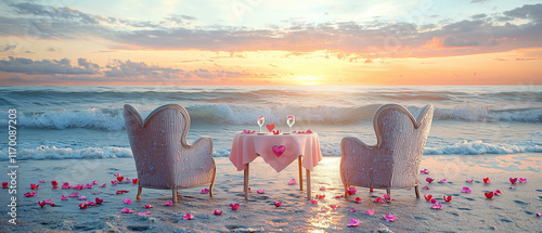 
a romantic beachside table setting with two elegant chairs, a pink tablecloth, and glasses adorned with red heart-shaped decorations,
