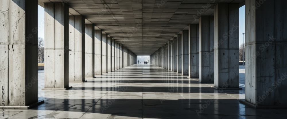 Abstract concrete interior with long pillars and natural light, creating a vast and industrial image suitable for urban, architectural or design projects. Abstract concrete interior with long pillars and natural light, creating a vast and industrial image suitable for urban, architectural or design projects.
