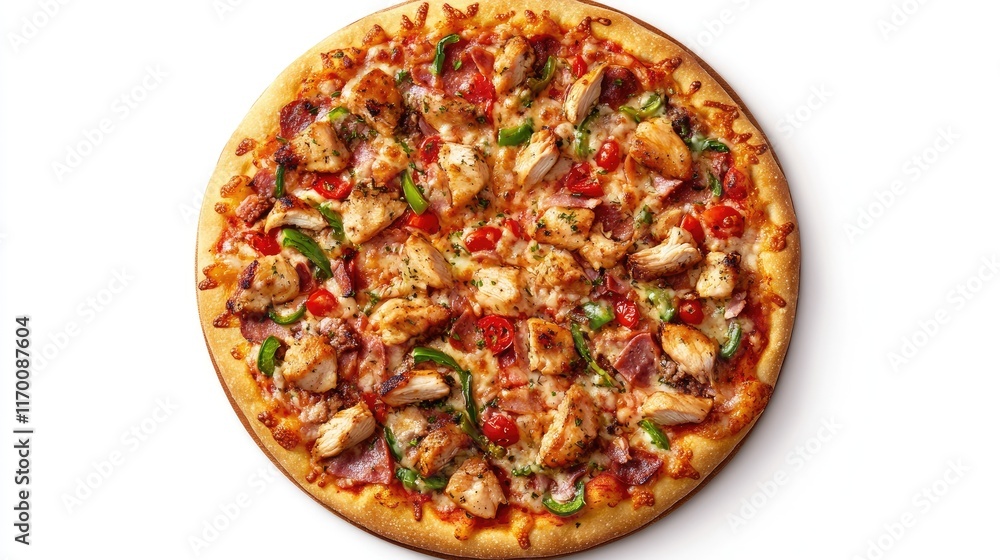 Chicken and vegetable pizza with melted cheese and a crispy crust viewed from above Chicken and vegetable pizza with melted cheese and a crispy crust viewed from above