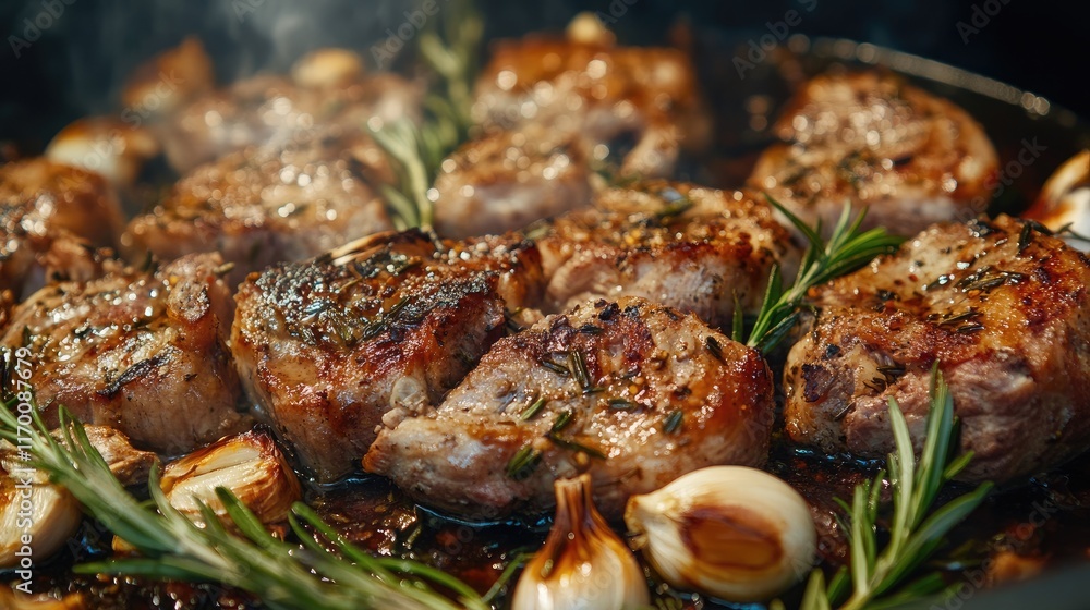Savory grilled meat with garlic and rosemary in a smoky frying pan close-up delicious gourmet cooking concept Savory grilled meat with garlic and rosemary in a smoky frying pan close-up delicious gourmet cooking concept