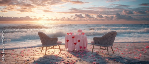 
a romantic beachside table setting with two elegant chairs, a pink tablecloth, and glasses adorned with red heart-shaped decorations,