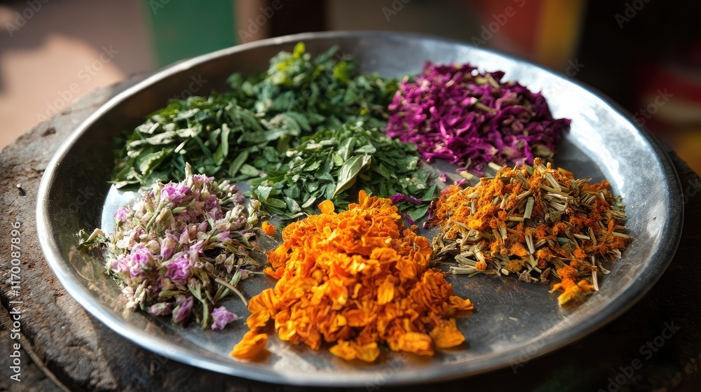 Vibrant assortment of medicinal Ayurvedic herbs on a silver tray showcasing natural healing ingredients and botanical diversity Vibrant assortment of medicinal Ayurvedic herbs on a silver tray showcasing natural healing ingredients and botanical diversity