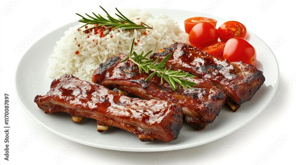 Barbecued ribs with rice and cherry tomatoes garnished with rosemary on a white plate for a delicious meal presentation Barbecued ribs with rice and cherry tomatoes garnished with rosemary on a white plate for a delicious meal presentation