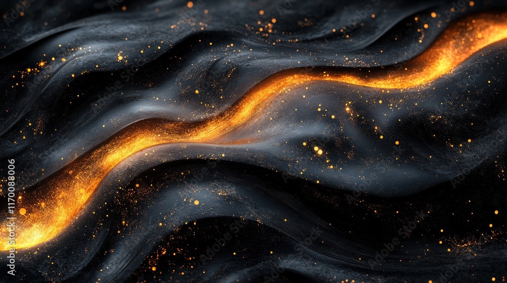 Abstract fiery stream flowing on dark wavy surface with golden sparkles. Abstract fiery stream flowing on dark wavy surface with golden sparkles.