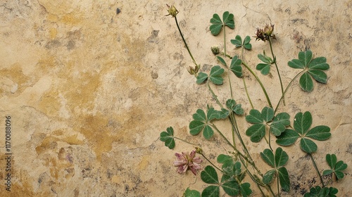 Black medick plant Medicago lupulina with distinctive leaves and flowers against a textured yellow background in natural setting photo