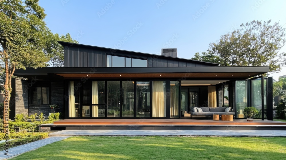 Contemporary Steel Structure with Large Windows and Outdoor Living Space Contemporary Steel Structure with Large Windows and Outdoor Living Space