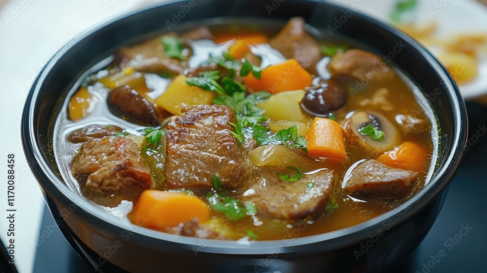 Hearty meat soup with fresh vegetables and mushrooms in a rustic bowl garnished with herbs, perfect for comforting meals. Hearty meat soup with fresh vegetables and mushrooms in a rustic bowl garnished with herbs, perfect for comforting meals.