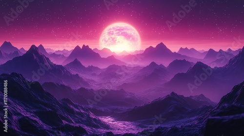 Pink moon rising over a purple mountain range at night.