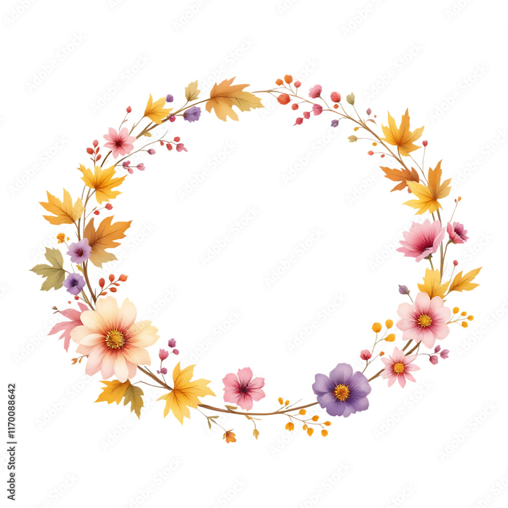 Watercolor Wreath of Leaves and Flowers with Empty Center Watercolor Wreath of Leaves and Flowers with Empty Center