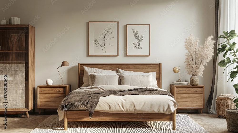 Fototapeta premium Modern minimalistic bedroom interior design with natural elements and elegant decor elements for cozy living atmosphere.