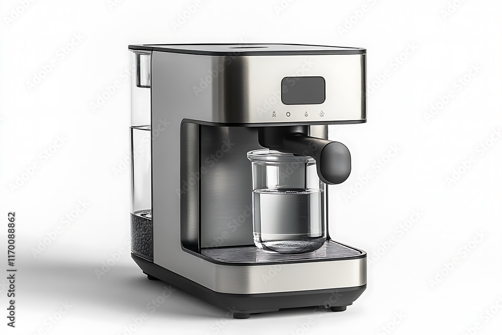 A sleek coffee maker with a glass cup ready for brewing. A sleek coffee maker with a glass cup ready for brewing.