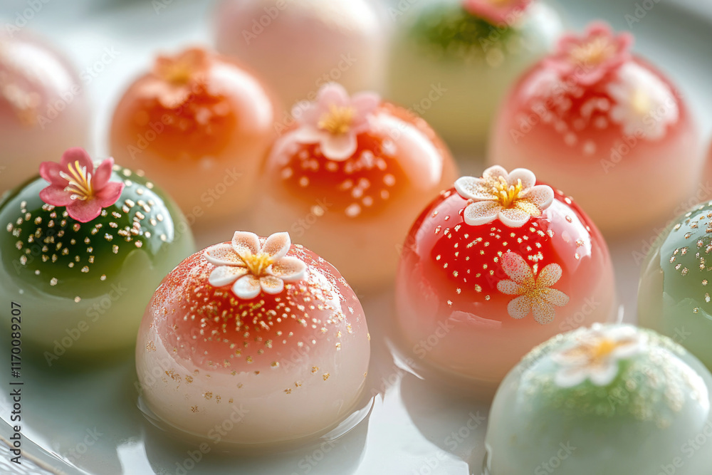 Obraz premium Delicate Japanese mochi desserts adorned with edible flowers and gold flakes, showcasing artistry and pastel colors.