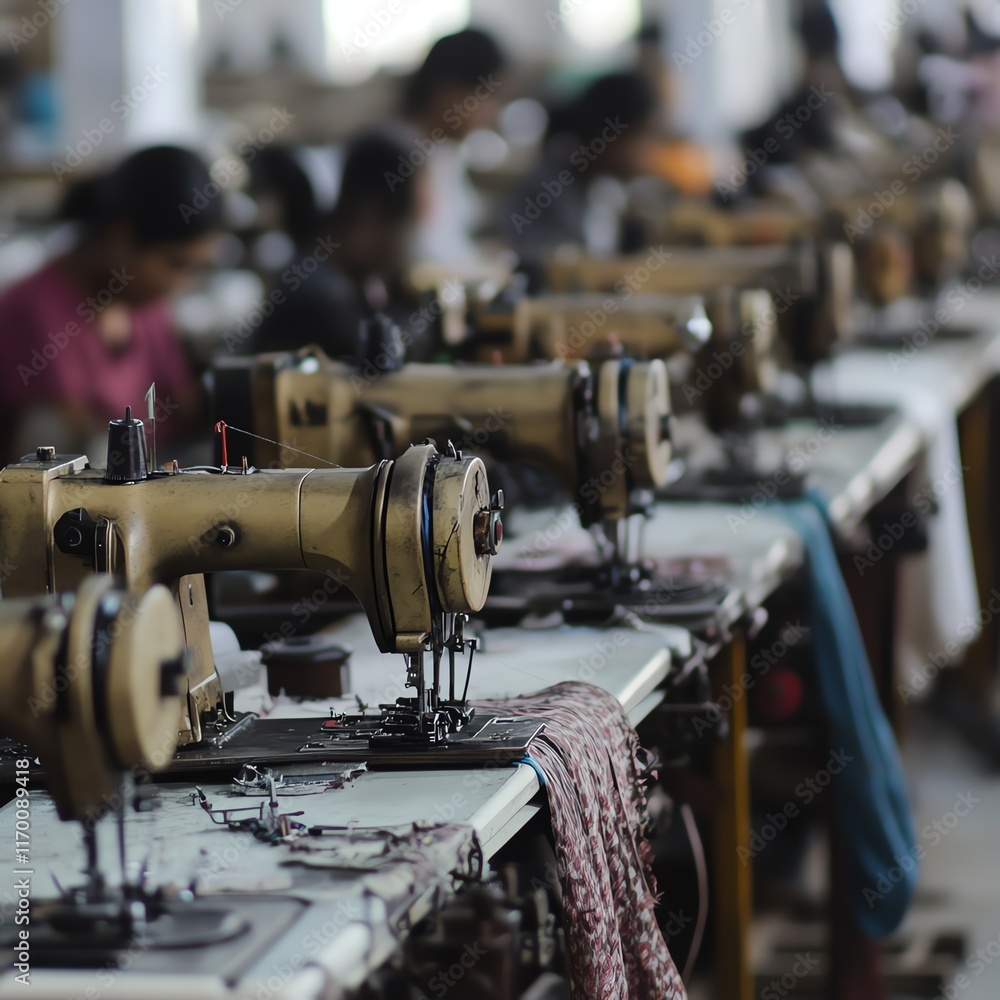 Sewing machines lined up in a textile factory with workers behind them. Sewing machines lined up in a textile factory with workers behind them.