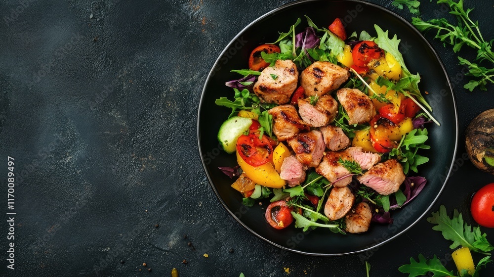 Grilled Meat Salad Fresh Vegetables with Herbs on Dark Background Gourmet Healthy Dining Concept Grilled Meat Salad Fresh Vegetables with Herbs on Dark Background Gourmet Healthy Dining Concept
