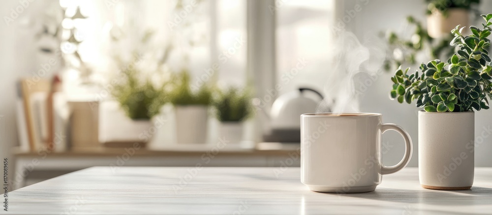 Cozy tea mug on a white wooden table surrounded by home decor creating a warm lifestyle atmosphere perfect for serene photography Cozy tea mug on a white wooden table surrounded by home decor creating a warm lifestyle atmosphere perfect for serene photography