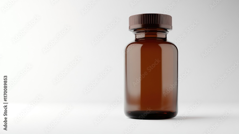 Brown glass or plastic medicine bottle isolated on white background for pharmaceutical and healthcare product packaging concepts Brown glass or plastic medicine bottle isolated on white background for pharmaceutical and healthcare product packaging concepts