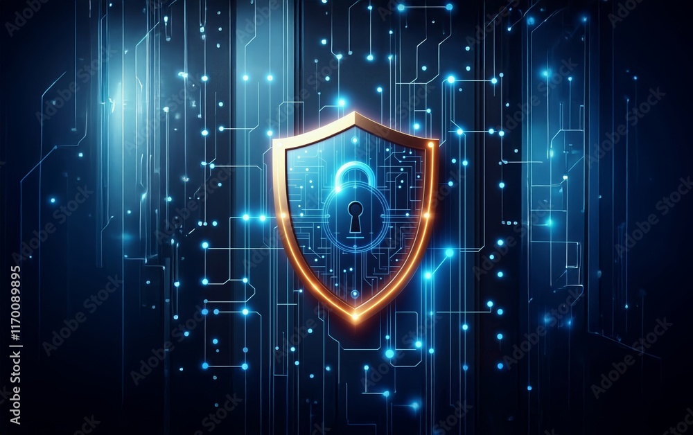Fototapeta premium Cyber future security. Digital background. Cybersecurity, password protect personal information from online. Cyber security network. Shield icon and internet technology background.