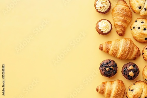 Assorted Pastries and Cupcakes Arranged on Yellow Background photo