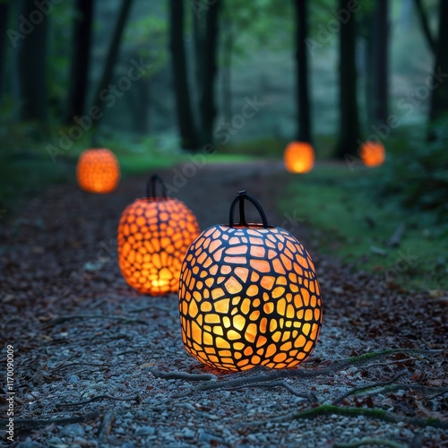 Pumpkin lanterns with surrealist designs, glowing eerily in a spooky forest setting. photo