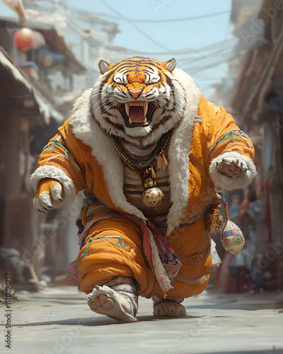 Fantasy animals in fashion a roaring tiger parade through a vibrant marketplace photo