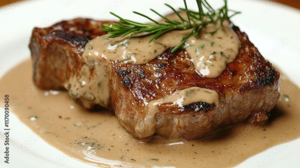Savory beef steak topped with creamy stroganoff sauce garnished with fresh rosemary on a white plate delicious traditional dish Savory beef steak topped with creamy stroganoff sauce garnished with fresh rosemary on a white plate delicious traditional dish