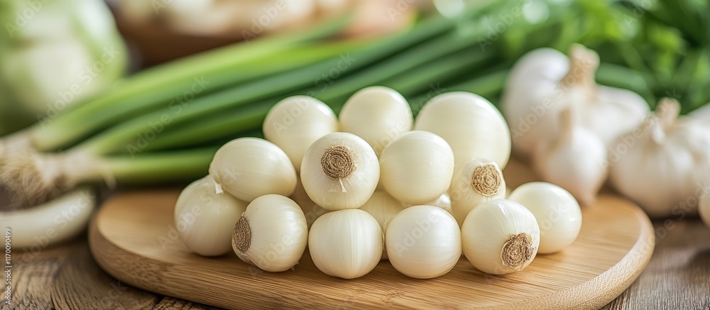 Fresh white radishes arranged on a wooden cutting board surrounded by garlic and green onions perfect for culinary inspiration and healthy cooking. Fresh white radishes arranged on a wooden cutting board surrounded by garlic and green onions perfect for culinary inspiration and healthy cooking.