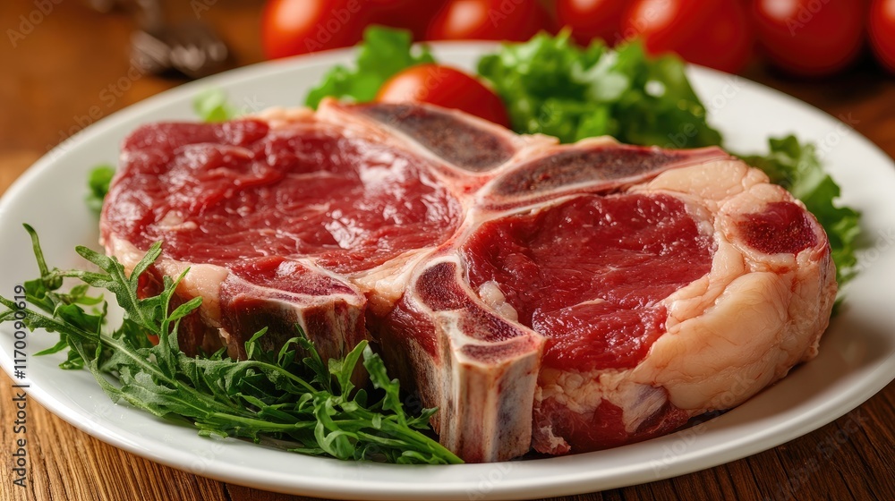 Fresh premium meat cut presented on a plate with vibrant salad greens and cherry tomatoes in a rustic kitchen setting Fresh premium meat cut presented on a plate with vibrant salad greens and cherry tomatoes in a rustic kitchen setting