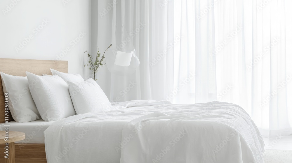Obraz premium Minimalist Luxury Bedroom with Timber Accents and Soft White Textiles in a Serene Atmosphere