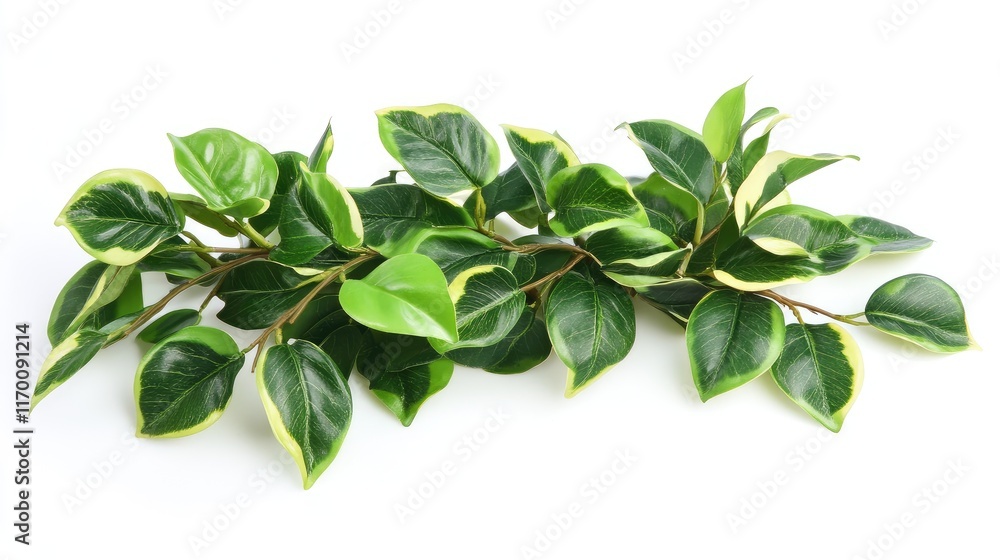 Lush Green Ficus Plant Branch with Variegated Leaves Isolated on a White Background for Home Decor and Natural Aesthetics Lush Green Ficus Plant Branch with Variegated Leaves Isolated on a White Background for Home Decor and Natural Aesthetics