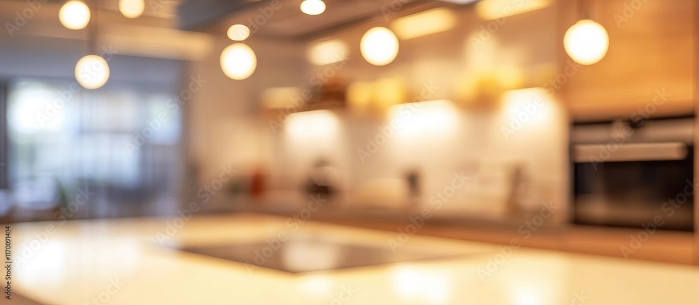 Stylish modern kitchen interior with soft lighting and blurred background for home design inspiration and cooking references Stylish modern kitchen interior with soft lighting and blurred background for home design inspiration and cooking references