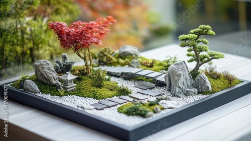 Miniature Zen Garden with Decorative Plants and Rocks for Tranquil Desk Decor photo