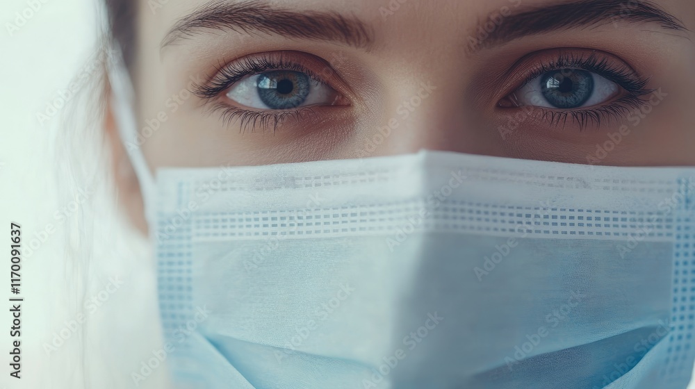 Close-up of a woman wearing a disposable surgical mask highlighting healthcare and safety measures for respiratory protection. Close-up of a woman wearing a disposable surgical mask highlighting healthcare and safety measures for respiratory protection.