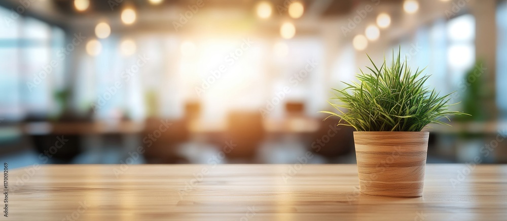 Stylish modern office interior featuring blurred focus on workspace aesthetics and greenery in a warm, inviting environment Stylish modern office interior featuring blurred focus on workspace aesthetics and greenery in a warm, inviting environment