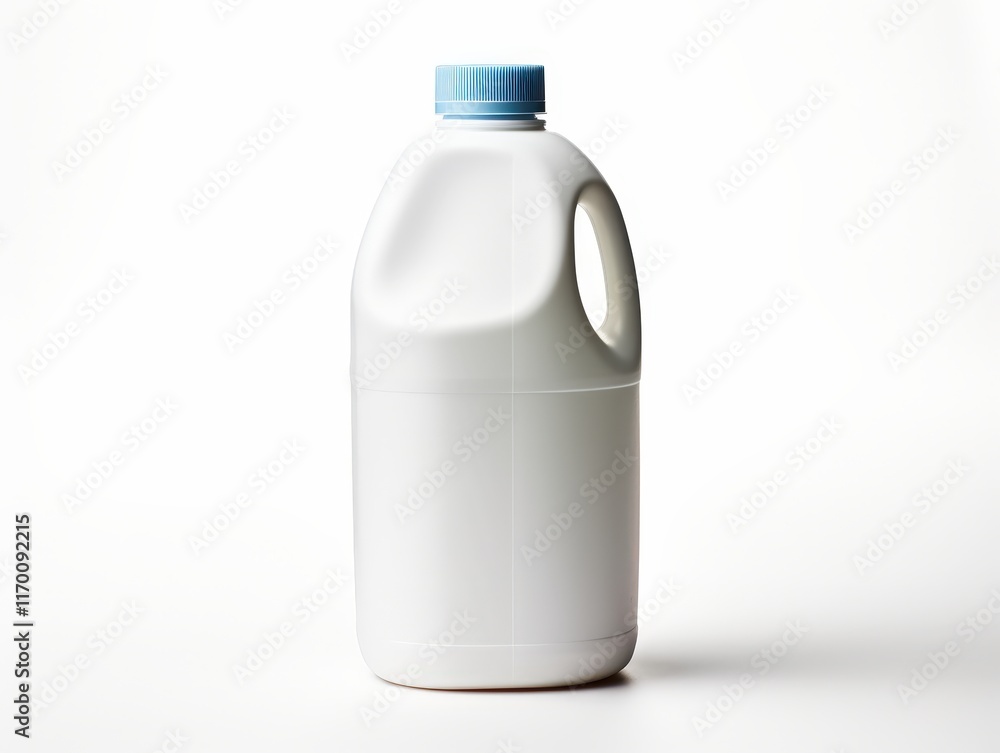 White Plastic Bottle for Liquids on White Background with Blue Cap and Simple Design White Plastic Bottle for Liquids on White Background with Blue Cap and Simple Design