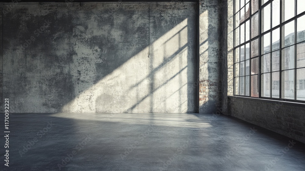 Obraz premium Contemporary Industrial Interior Showcasing Cement Walls with Natural Light Streaming Through Large Windows