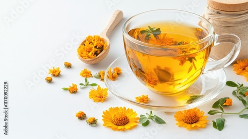 Calendula flowers with herbal tea in a glass cup on white background showcasing natural wellness and medicinal properties photo