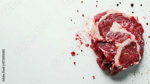 Raw Beef Steak on White Background with Seasoning and Room for Text for Culinary or Food Industry Use
