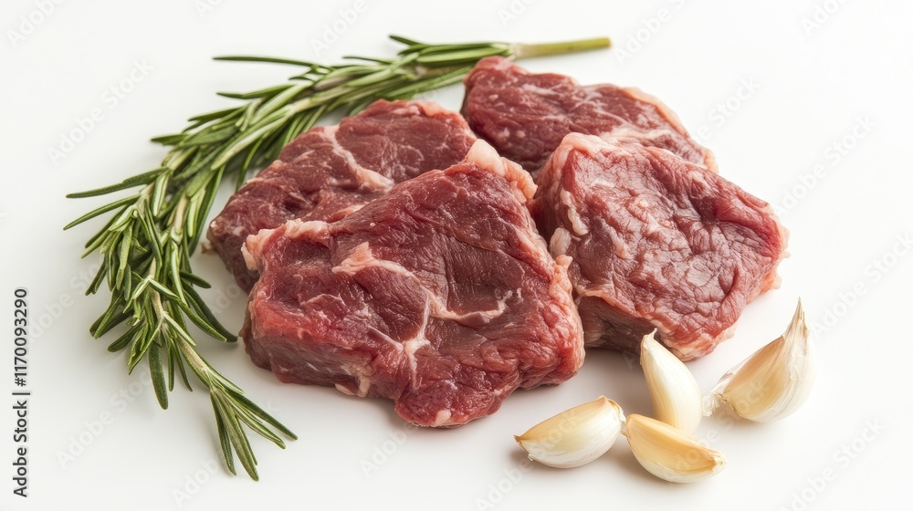 Fresh raw meat seasoned with garlic and rosemary on a white background ready for culinary preparation and gourmet cooking. Fresh raw meat seasoned with garlic and rosemary on a white background ready for culinary preparation and gourmet cooking.