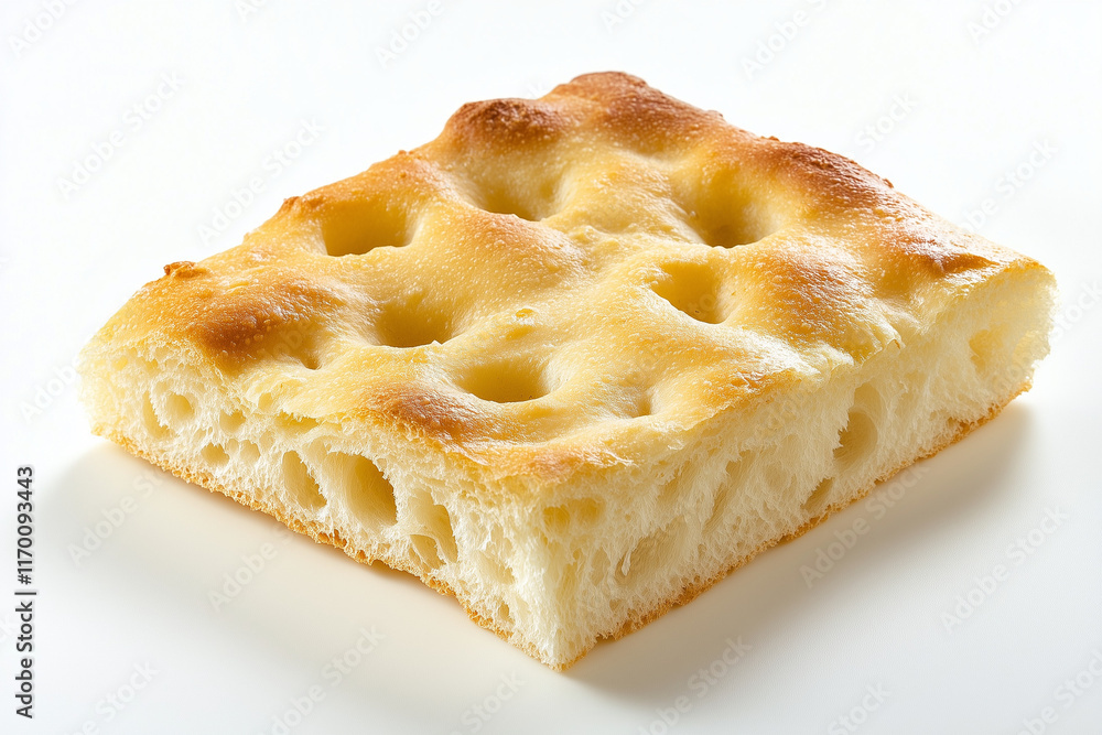Square piece of Italian focaccia bread, isolated on white background Square piece of Italian focaccia bread, isolated on white background