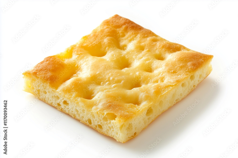 Square piece of Italian focaccia bread, isolated on white background Square piece of Italian focaccia bread, isolated on white background