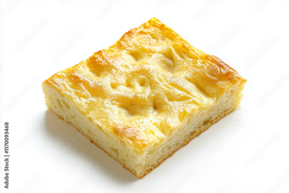 Square piece of Italian focaccia bread, isolated on white background Square piece of Italian focaccia bread, isolated on white background